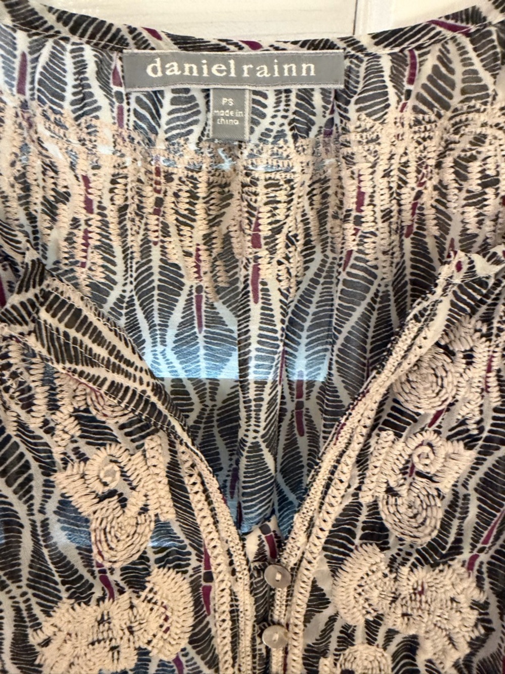 Daniel Rainn Embroidered Peasant Blouse, 3/4-Length Sleeves, Small Petite - Picture 3 of 10